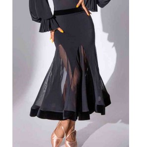 Women black velvet edge ballroom dance skirts waltz tango foxtrot smooth dance long swing skirts